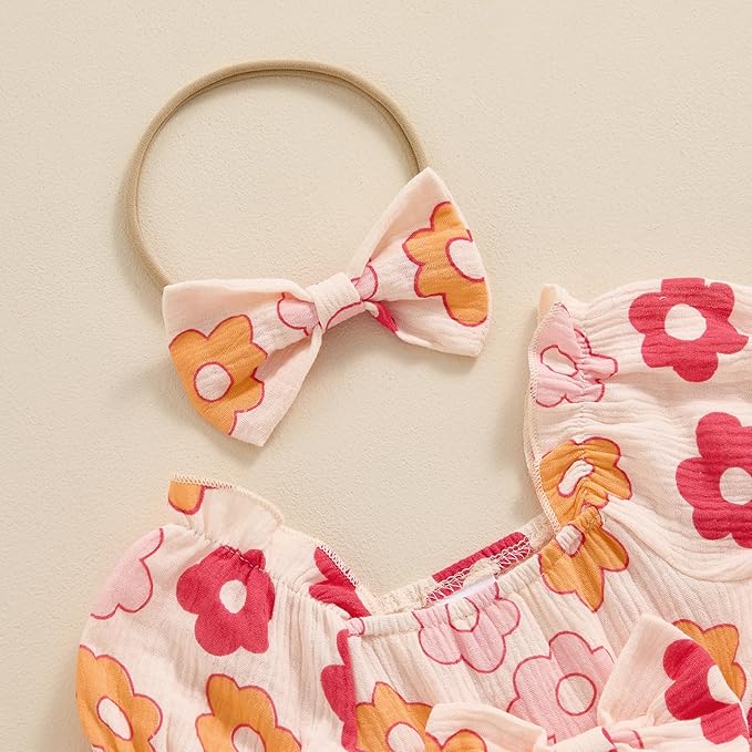 Baby Girls Floral Cotton Leotard Romper Newborn Daisy Playsuits Ruffled Sleeve Onesie Infant Jumpsuit Clothes Headband