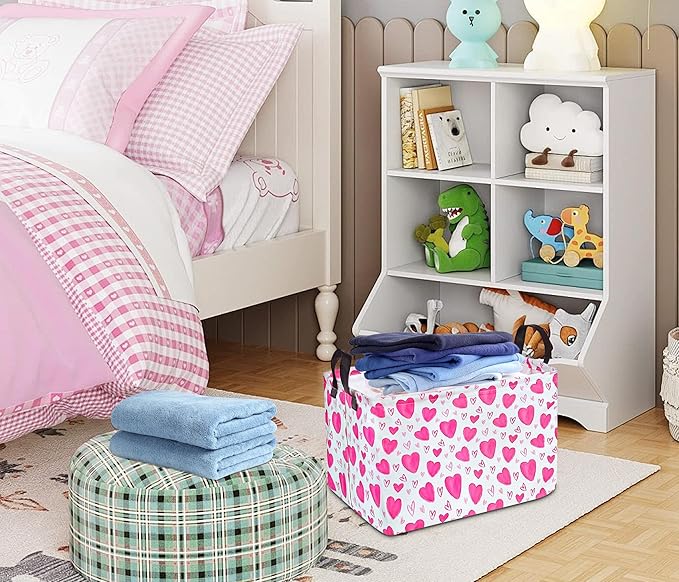 Rectangle Kids Gift Storage Basket Shelf Storage Basket Organizer Box Clothes Laundry Hamper Toys Nursery Basket Baby Laundry Basket with Handles(Pink Heart)