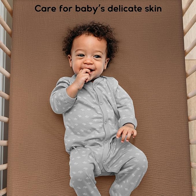 Yoofoss Muslin Crib Sheets for Boys Girls 100% Cotton Fitted Baby Crib Sheet 2 Pack Soft and Breathable for Standard Crib Mattress & Toddler Mattress 52"x28" Apricot&Brown