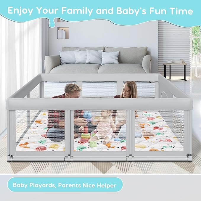 74" ×50" Baby Playpen with Mat, Baby Playard for Babies and Toddlers, Play Pens for Indoor & Outdoor, Sturdy Safety Play Yard with Soft Breathable Mesh, Anti-Fall, Grey