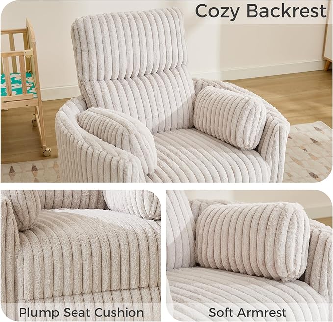 Power Swivel Glider Rocking Recliner Nursery Chair with 2 Pillows, Electric Rocker Reclining Chairs with Type-C & USB Charger Port for Living Room, High Back Barrel Armchair for Bedroom,Corduroy,Beige