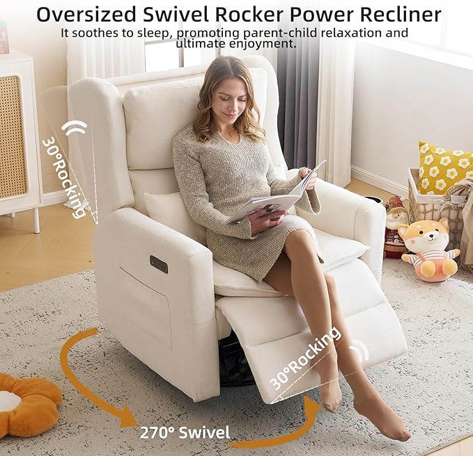 Oversized Swivel Rocker Recliner Chair, 26" Extra Wide Glider Nursery Chair with Adjustable Headrest, Chenille Power Recliner Rocking with Double Cushion, Cup Holder, White