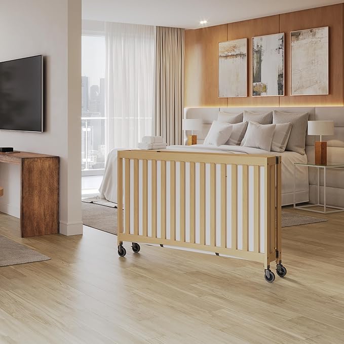 Foundations Travel Sleeper Full-Size Wooden Folding Crib with 3” InfaPure Foam Mattress and Commercial Grade Casters, Hotel Crib (Natural)