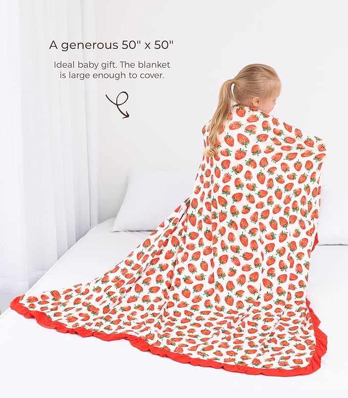 Premium Baby Blanket for Girls, Stretchy Quilt, Soft Crib Bedding for Newborn Baby and Toddler, Ruffle Nursery Blanket for Kids, Viscose Made from Bamboo, 50''x50'' Strawberry