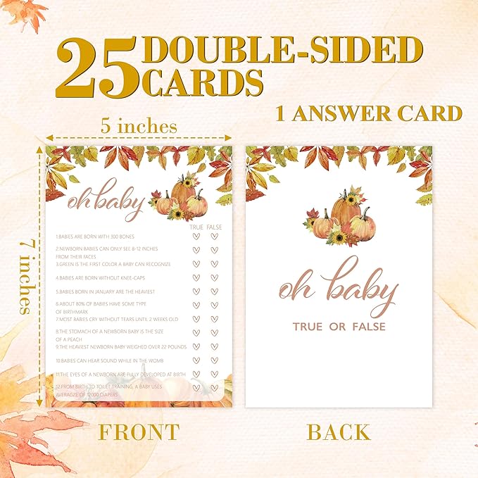Fall Baby Shower Games, Oh Baby True or False Game Cards, 5x7 in, Thanksgiving Baby Shower Party Favor Decorations Supplies - A04
