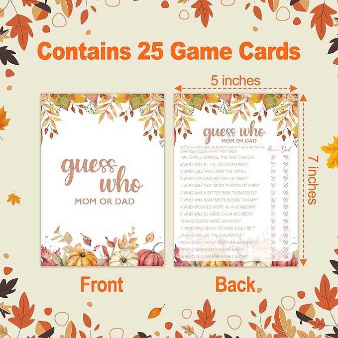 Guess Who? Game Cards, Autumn Baby Shower Games Cards, Thanksgiving Boy or Girl Baby Gender Reveal Party Favors Decorations and Supplies, 25 Pcs Double-Sided - E03