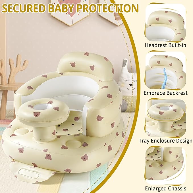 Inflatable Baby Seat for Babies 3 Months & Up, Baby Sit Up Chair Blow Up Baby Floor Seats with Tray, Built in Air Pump Infant Support Seat Perfect for Home Floors (Bear with Tray)