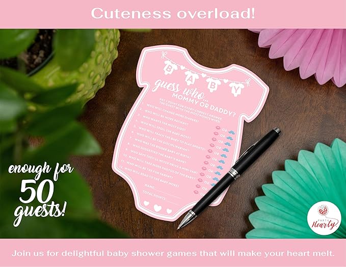 Party Hearty Baby Shower Games for Girl, 50 pcs Pink Mommy or Daddy Guess Who Game, Fun Activity Cards, Baby Shower Ideas