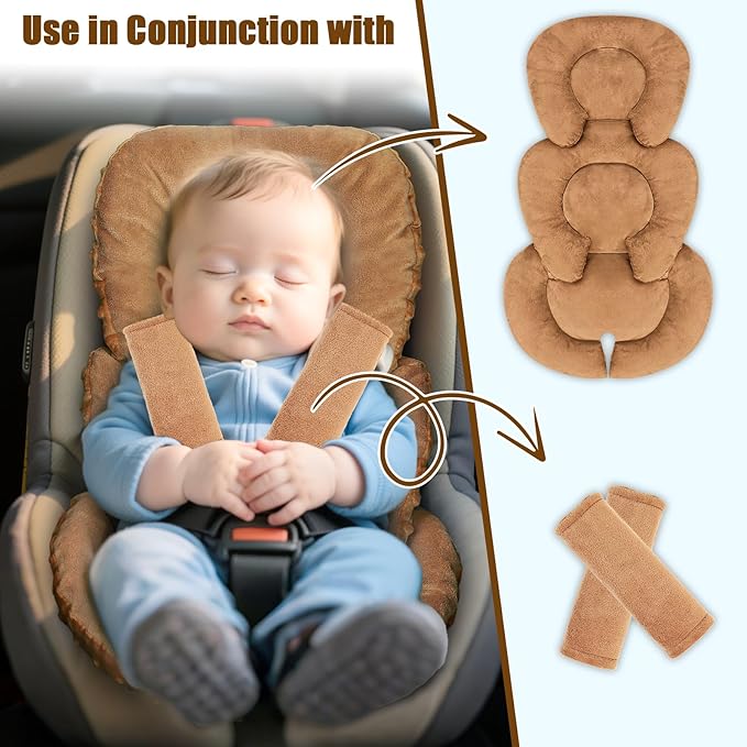 GFU Infant Car Seat Insert Head and Body Support, Reversible Newborn Insert for Carseat with Strap Pads, Soft Stroller Cushion Pillow Insert for Boys and Girls, Fits for Stroller, Swing, Brown