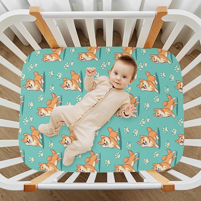 Baby Crib Sheets Fat Shiba Inu Crib Sheets for Boys Girls,Neutral Bassinet Toddler Bed Play Sheets Breathable Soft and Portable 52 * 28 * 9in