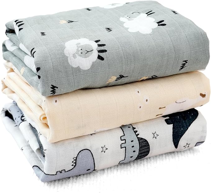 Muslin Swaddle Blankets for Baby Boys and Girls,3 Pack Breathable Soft Receiving Blanket,Large 43.3X 43.3 inches,Newborn Essentials Must Haves(Animal)