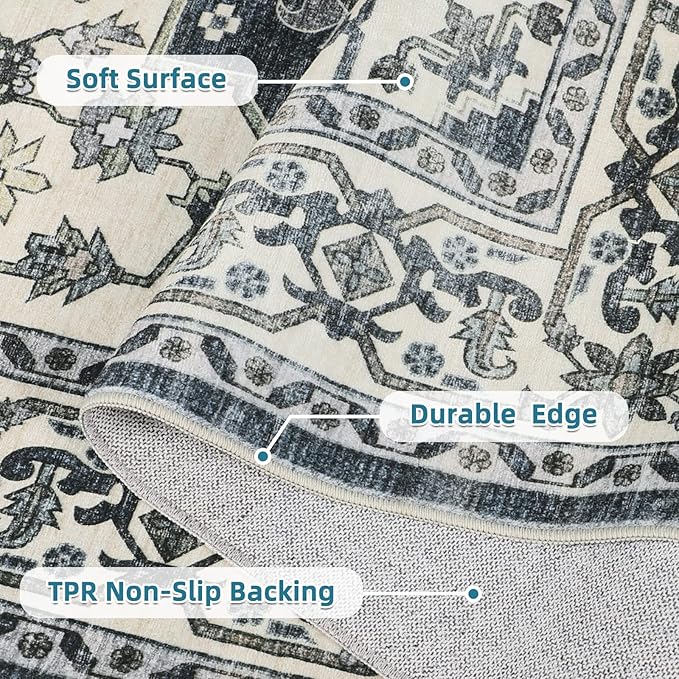 Dripex Vintage Washable Area Rug - 5x8 Distressed Rugs for Living Room Bedroom Oriental Medallion Floral Print Carpet Low-Pile Indoor Soft Non-Slip Accent Rug Farmhouse Office Home Decor