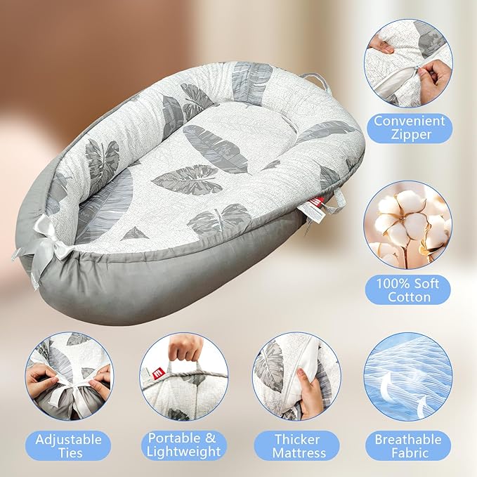 Baby Lounger for Newborn 0-24 Months, Baby Nest Cover Breathable and Soft Cotton, Infant Lounger with U-Shaped Safety Bumper for Cozy Comfort Baby Essentials (Leaves Grey)