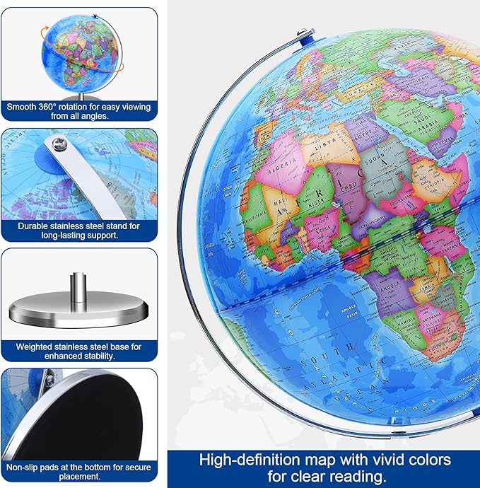 World Globe for Children and Adults, 12 inch Educational Spinning Earth Map with Stand, Self-Assembled Interactive World Globes for Kids Learning, Classroom, Students Desk, Room and Office Decor