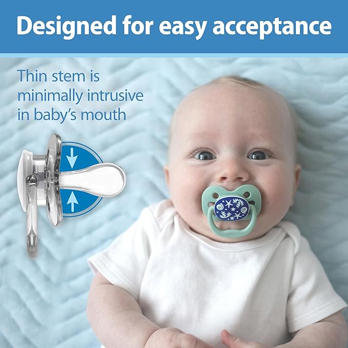Dr. Brown's Advantage Glow-in-the-Dark Baby Pacifier, Fully Symmetrical Soother with Soft Silicone Bulb, Blue Sunrise-Blue Ocean, 0-6m, BPA Free, 4 Pack