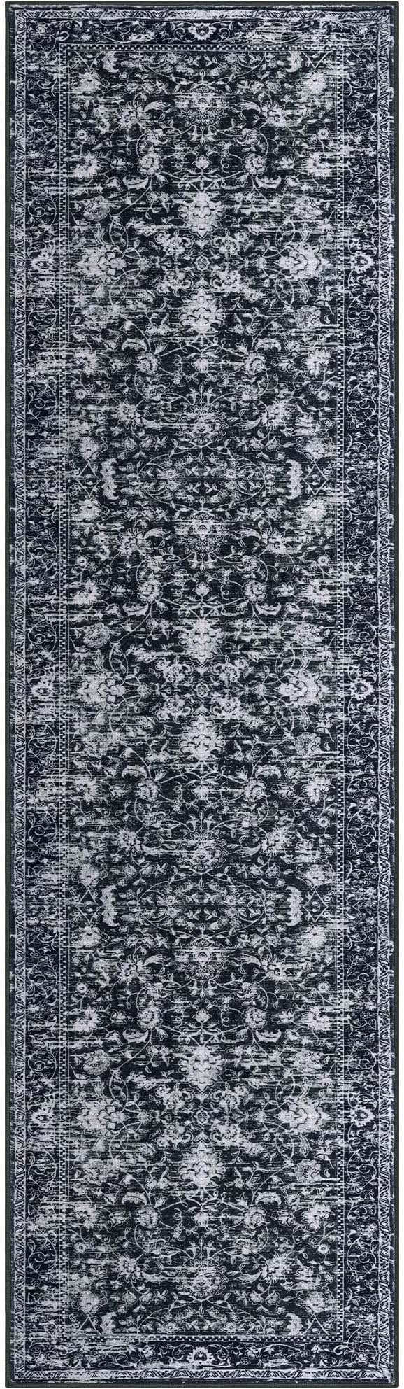 KILOCOCO Hallway Runner 2x8 Rug Runner Printed Vintage Floral Washable Kitchen Runners Non-Slip Rubber Backed Runners for Hallways Distressed Thin Soft Rugs for Entryway Laundry Room, Black/White