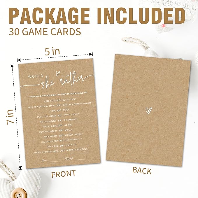 Baby Shower Game Cards - Set of 30 Would She Rather Game - Double Sided Print Baby Announcement Gender Reveal Game Card for Parents to Be - Baby Shower Party Activities Supplies - B04