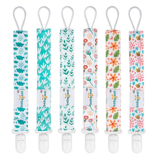 Babygoal Floral Pacifier Clips, 6 Pack Binky Paci Holder Clips and Leash for Boys and Girls Fits for Most Pacifier, Binkie Styles & Baby Teethers & Toys and Gift 6PS13