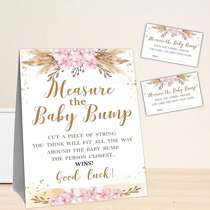 Boho Floral Baby Shower Measure Maternal Bump Game Set - Standalone Sign & 50 Tickets - Gender Reveal, Announcement & Shower Activity & Party Favor - A05