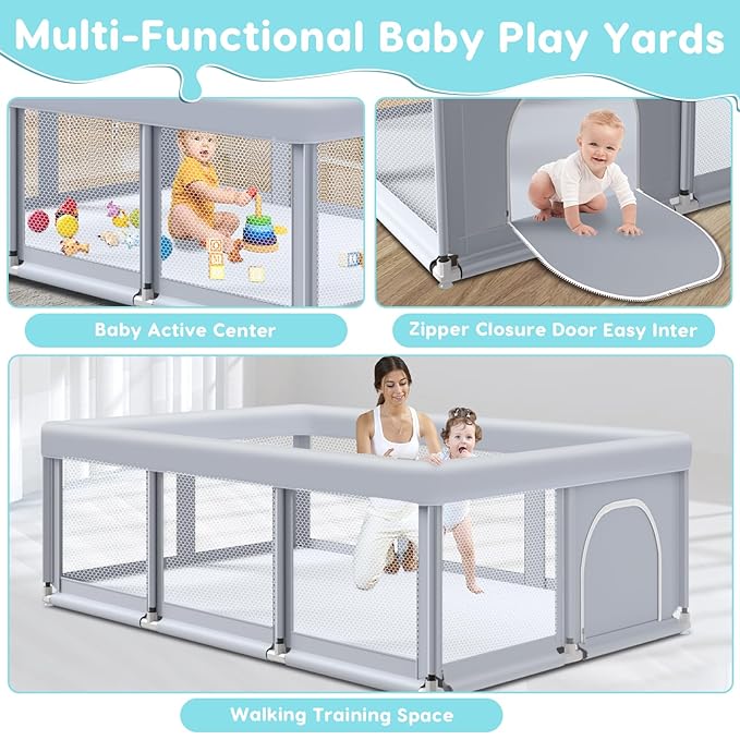 74" ×50" Large Baby Playpen, Baby Playard for Babies and Toddlers, Baby Fence Play Pens for Indoor & Outdoor, Sturdy Safety Play Yard with Soft Breathable Mesh, Anti-Fall, Grey