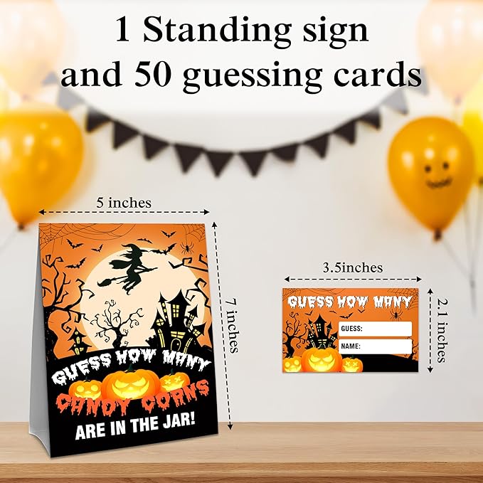 Halloween How Many Candy Corns Are In The Jar - 1 Standing Sign & 50 Guessing Cards - Halloween Witch Party Game & Decoration For Boys, Girls, Adults - Baby Shower, Birthday Game Set - A09