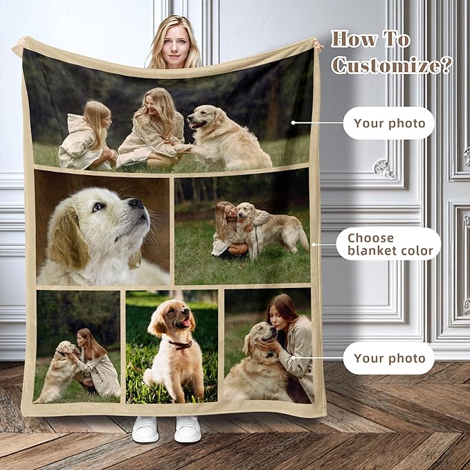 Custom Personalized 9 Photo Collage Blanket Thow Gifts with Text, Customized Pictures Blankets Gift for Christmas Birthday Thanksgiving Adults Kids Dad Mom Girlfriend Boyfriend (6 Dog)