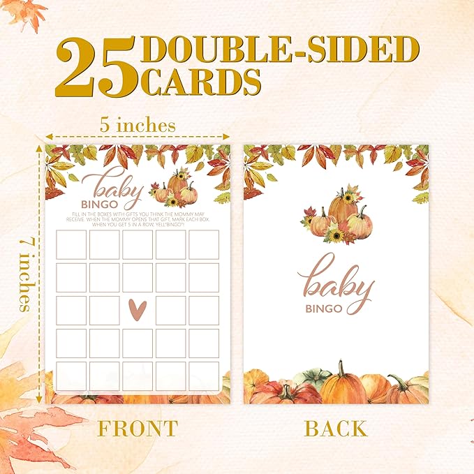 Fall Baby Shower Games, Bingo Cards, 5x7 in, Thanksgiving Party Favor Decorations Supplies - QTA02