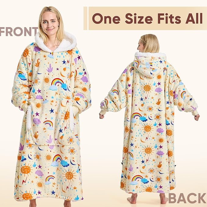 Wearable Blanket Hoodie Oversized - birthday gifts for Adults/Women/mom, Flannel Cozy Sherpa Fleece Blanket Sweatshirt with Hood, Pocket & Sleeves, One Size Fits All (Rainbow)