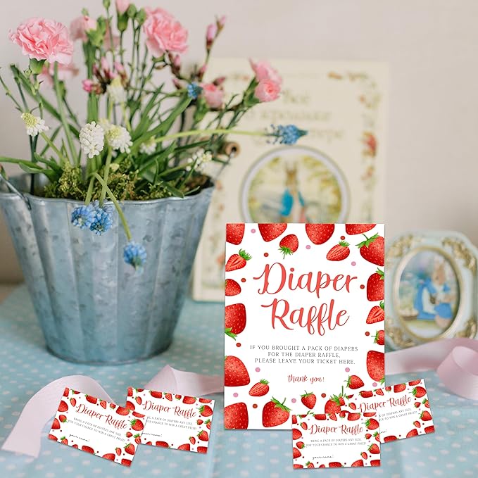 Strawberry Diaper Raffle Set For Baby Shower - 50 Raffle Tickets With 1 Standing Sign - Baby Announcement, Gender Reveal Baby Shower Party Decoration Game Set - A08