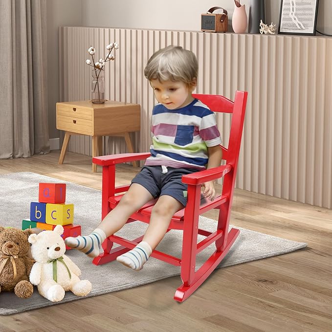 Toddler Rocking Chair Kids Wooden Indoor for Comfy Recliner Rocker for Baby Children Ages 3-6 Outdoor Lounge Chair Girls Playroom Christmas Gift Red