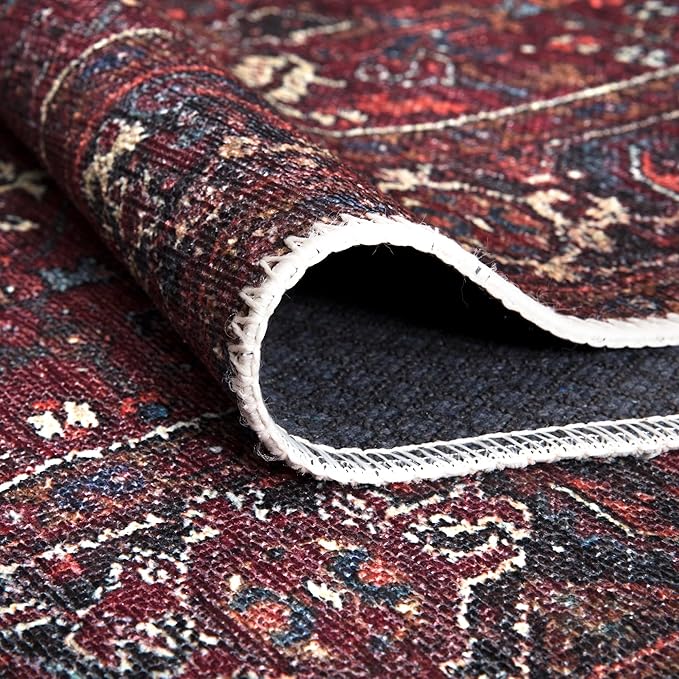 Bloom Rugs Washable Non-Slip 7 ft Runner - Burgundy Traditional Bordered Runner for Entryway, Hallway, Bathroom, and Kitchen - Exact Size: 2.5' x 7'