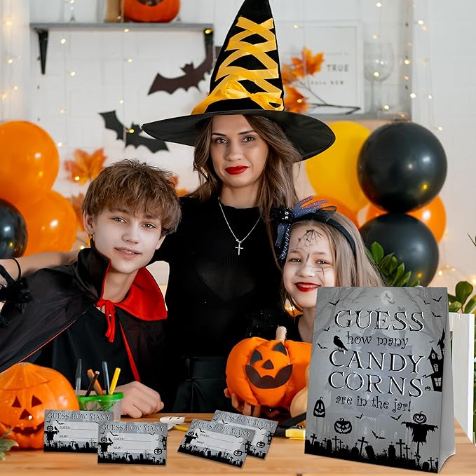 Halloween How Many Candy Corns Are In The Jar - 1 Standing Sign & 50 Guessing Cards - Halloween Haunted House Party Game & Decoration For Boys, Girls, Adults - Baby Shower, Birthday Game Set - A04