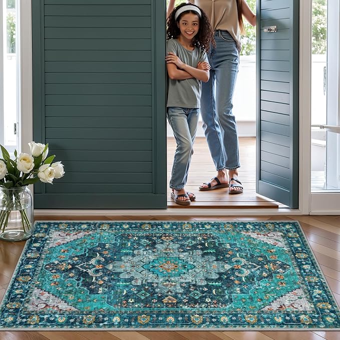 Ciicool Washable Area Rug 2x3ft Small Boho Rug, Teal Rugs for Entryway Non-Slip Entry Rugs Low-Pile Door Mat Floor Accent Carpet for Entrance Bedroom Kitchen Bathroom Foyer Decor