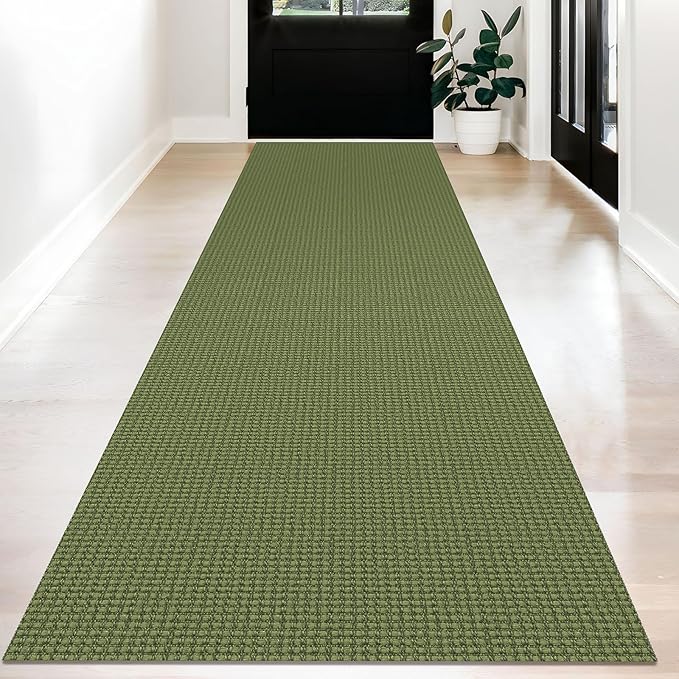 KOZYFLY Long Runners for Hallways 3x12 ft Washable Kitchen Runner Non Slip Rubber Backed Hallway Rugs Cotton Entryway Runner Rug Floor Carpet for Indoor Hall, Kitchen, Olive Green/Earthy Green