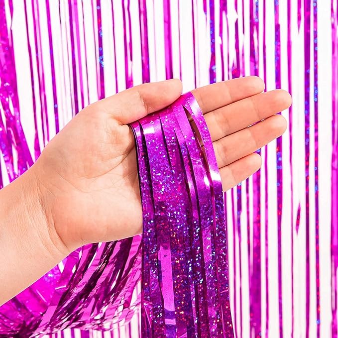 BRAVESHINE Hot Pink Tinsel Foil Fringe Curtains - 2Pcs 3.2x8.2ft Metallic Party Streamers Backdrop for Girl Birthdays Valentines Bridal Shower Bachelorette Hawaiian Luau Theme Party Decorations