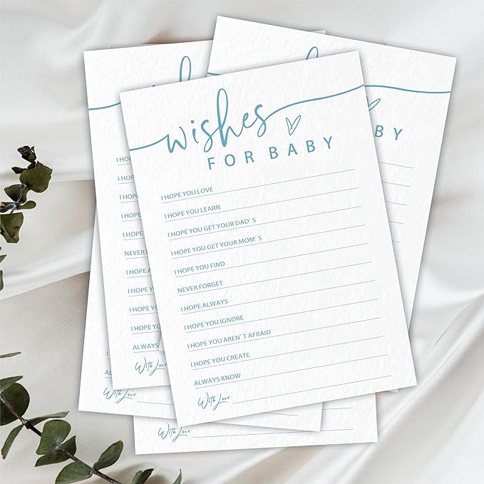 Wishes for Baby Game Set for Baby Shower - Minimalism White & Blue - 30 Double-Sided Fill in Style Game Cards