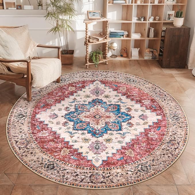 Ciicool Boho 5x5ft Round Area Rug Washable Bedroom Rug Non-Slip Oriental Entryway Throw Rug Low-Pile Indoor Carpet for Dining Room