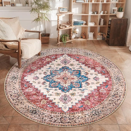 Ciicool Boho 5x5ft Round Area Rug Washable Bedroom Rug Non-Slip Oriental Entryway Throw Rug Low-Pile Indoor Carpet for Dining Room