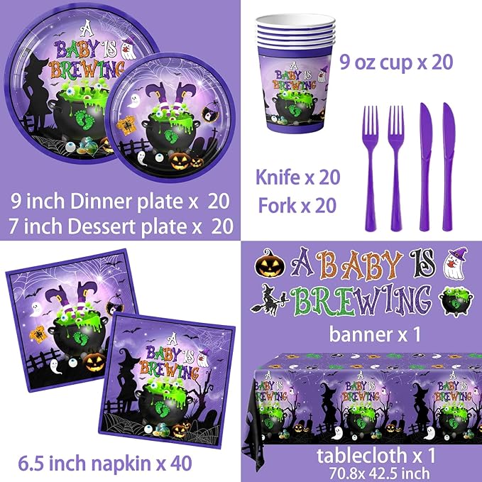 Halloween Baby Shower Decorations-142pcs A Baby is Brewing Halloween Tableware Include Plates, Napkins, Cups, Banner and Tablecloth for Boy Girl Gender Reveal Party Supplies