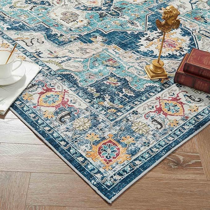 jinchan Area Rug 6x9 Washable Living Room Rug Indoor Large Vintage Floor Cover Distressed Navy Blue Multi Lightweight Non Slip Thin Carpet for Kitchen Bedroom Dining Room
