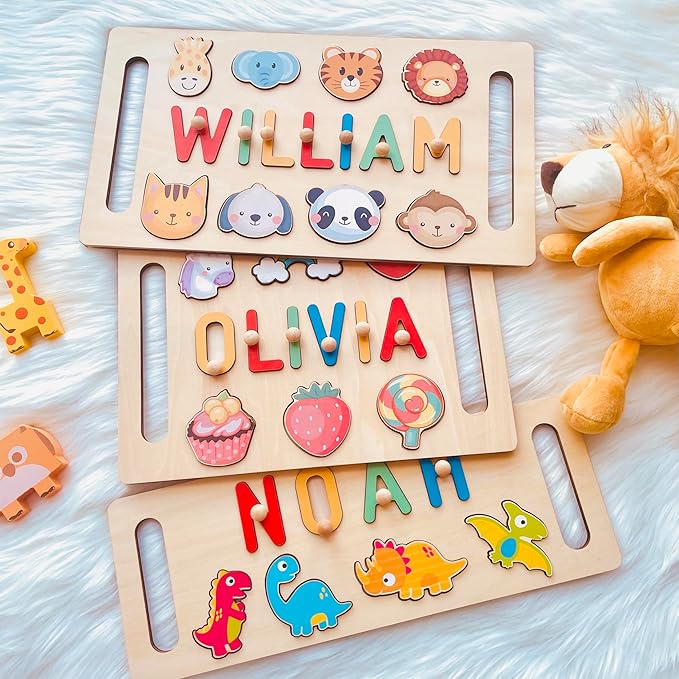 Name Puzzle for Kids Personalized, Custom Baby Gifts with Engraved Text on The Back, Personalized Name Puzzles for Toddlers 1-3 with Pegs, 1st Birthday Gifts for Boys & Girls Kid Toys
