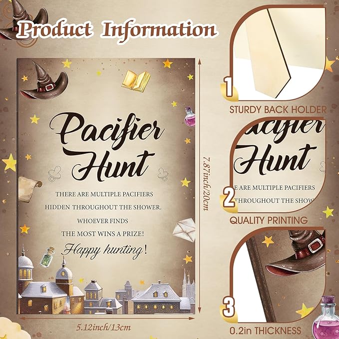 Thyle 51 Pcs Pacifier Hunt Baby Shower Games Include Hunt Sign and 50 Acrylic Pacifiers for Baby Shower Game Decoration Gift Sets Gender Reveal Party Decor(Magical Wizard)