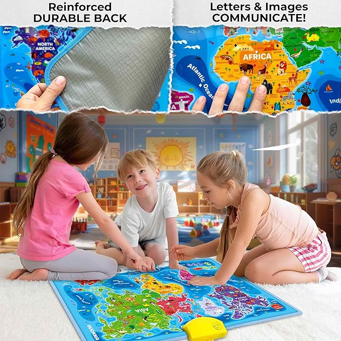 QUOKKA Educational Toys for Kids 5-7 Year Old - World Map Learning Wall Chart for Toddlers Age 3 4 6+ - Interactive Speech Therapy Poster Boy Girl - Autism Puzzle Game 8-10-12