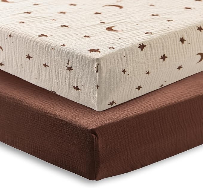 Baby Crib Sheets 2 PCS, 100% Organic Cotton Crib Sheet for Standard Crib Mattress(52”x 28”), Fitted and Soft Breathable Muslin Crib Mattress Sheet for Girl and Boy (Star, Brown)