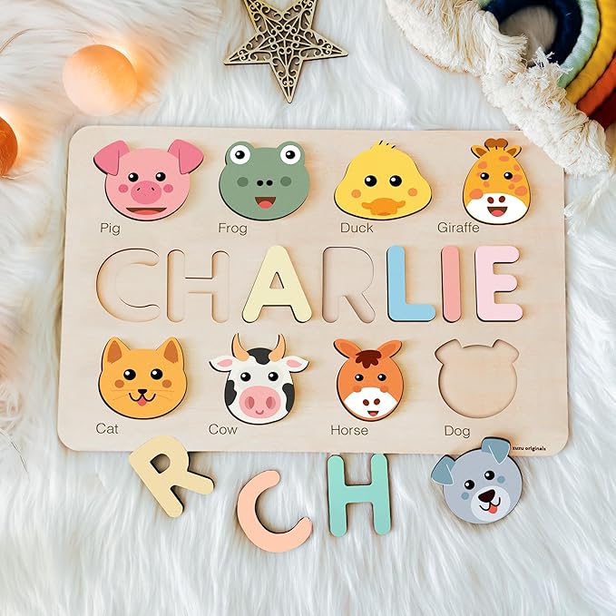 Baby Custom Name Puzzle with Animals, Custom Handmade Birthday Gift for Kids, for Toddlers, Special New Baby Gift, Wood Puzzle