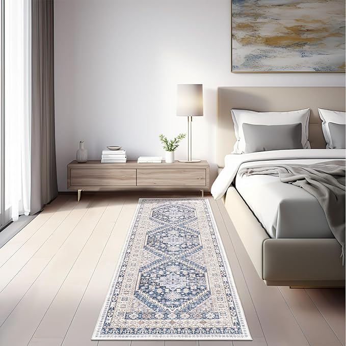 zesthome Washable Runner Rug 2.5x8 - Stain Resistant Entryway Rug,Ultra-Thin Kitchen Rugs, Anti Slip Backing Runner Rugs for Entrance Laundry Room Indoor Hallway (Blue/Beige,2.5'x8')