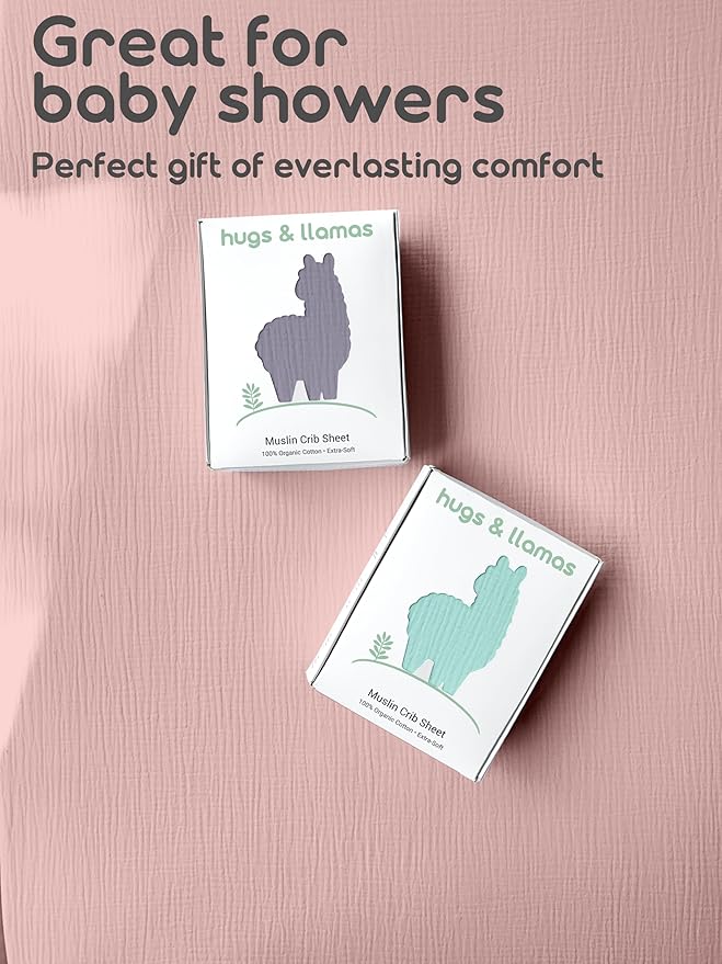 Hugs & Llamas - 100% Organic Cotton Muslin Fitted Sheet for Boys & Girls | Neutral Organic Crib Sheets