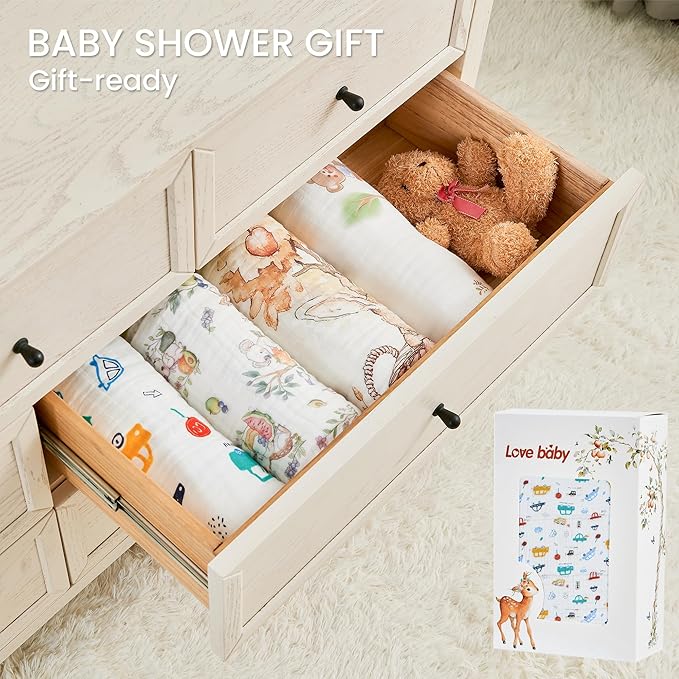 Luxury Muslin Baby Blanket, Cozy Swaddle, 6-Layer Cotton Receiving Blanket for Newborn Infant, 59x43 Inch Lightweight Breathable Crib Blanket, Nursery Stroller Toddler Quilt, Car Family