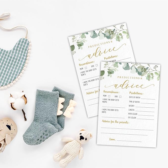 Predictions & Advice Baby Shower Game Cards - Golden Greenery - 30 Double-Sided Fill In Style Game Cards For Gender Reveal, Baby Announcement, Party Games & Activity - D01