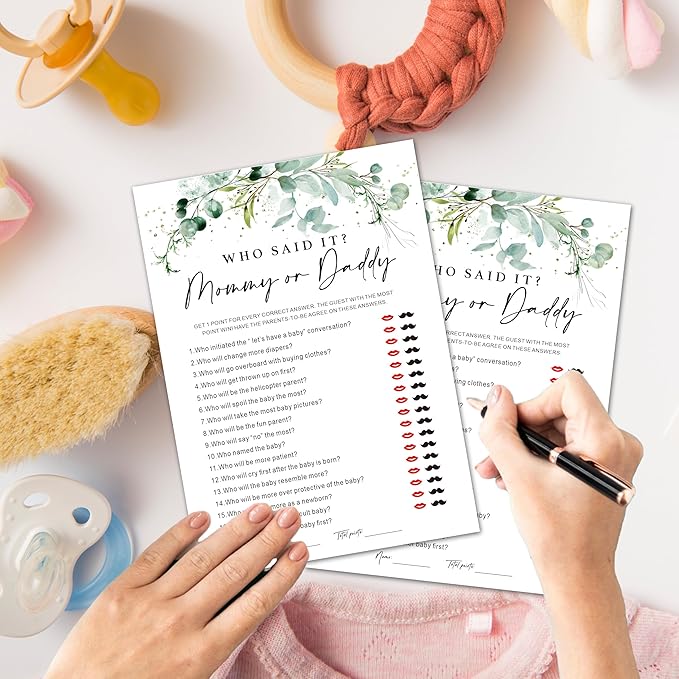 Baby Shower Game Cards - Set of 30 Mommy Or Daddy Game - Greenery Double Sided Print Baby Announcement Gender Reveal Card for Parents to Be - Baby Shower Party Activities Supplies - A11